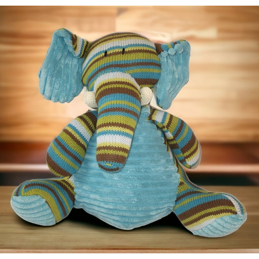Pier 1 Imports Jala the Elephant Plush Knit Ribbed Blue Brown Striped 11"‎